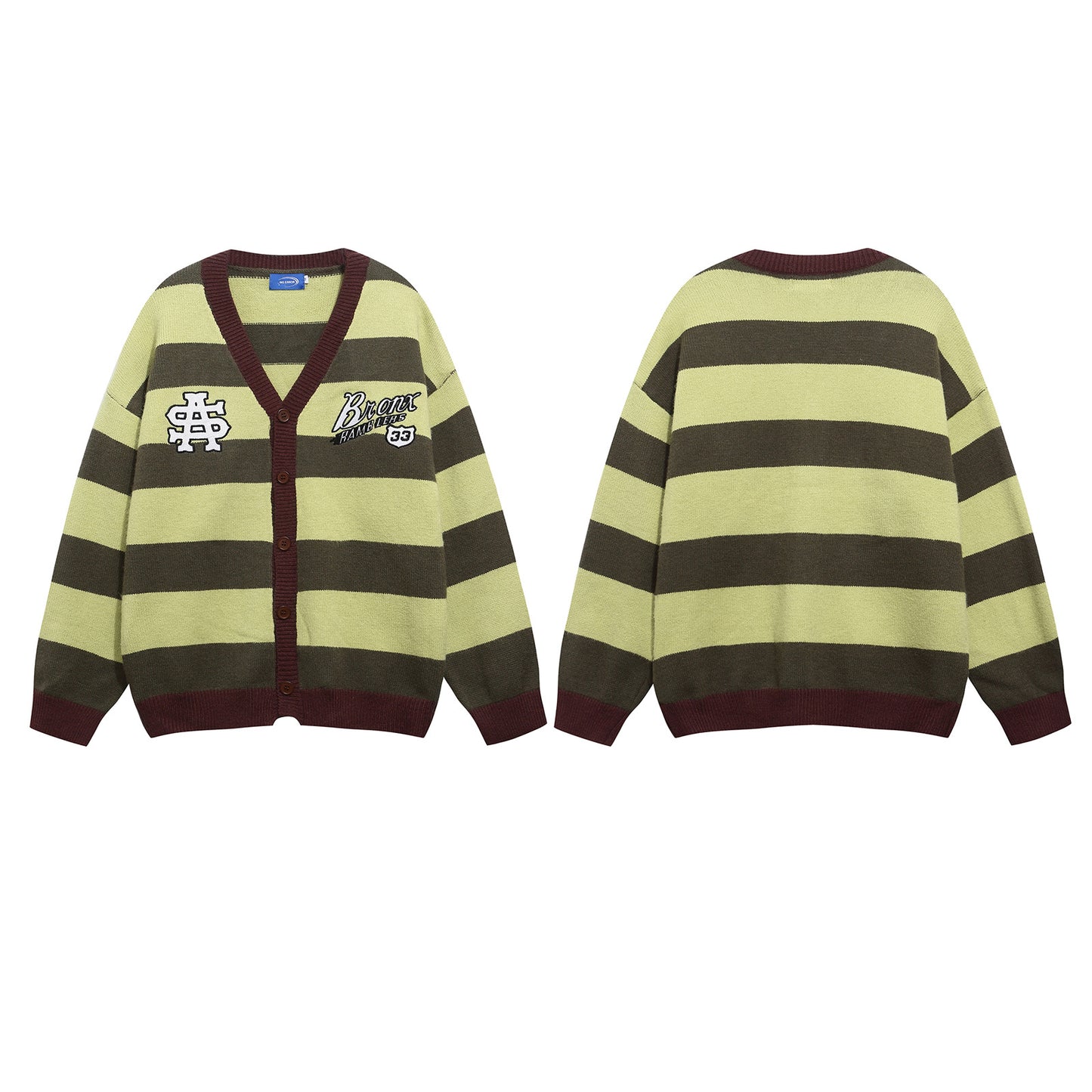 Vintage Stripe Letter Embroidery V-Neck Knit Cardigan Unisex Couple Casual Loose Sweater