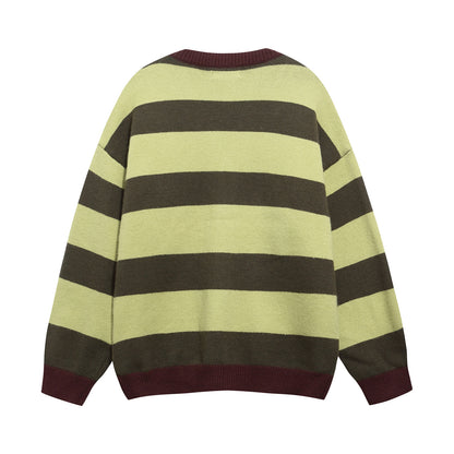 Vintage Stripe Letter Embroidery V-Neck Knit Cardigan Unisex Couple Casual Loose Sweater