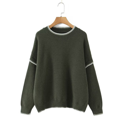 Round neck contrasting color pullover knitted sweater for women