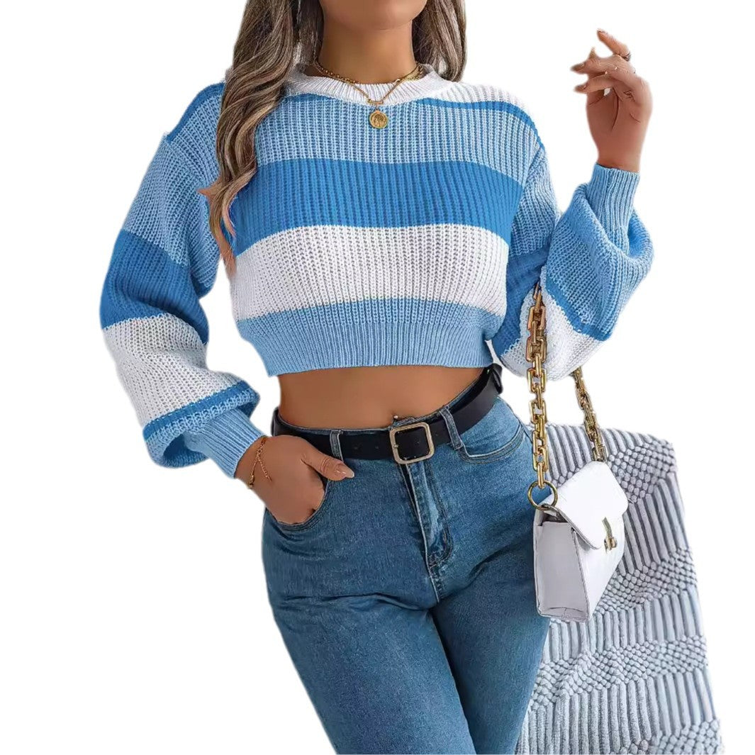 Casual color blocked lantern sleeves with exposed navel sweater