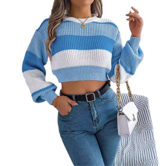 Casual color blocked lantern sleeves with exposed navel sweater