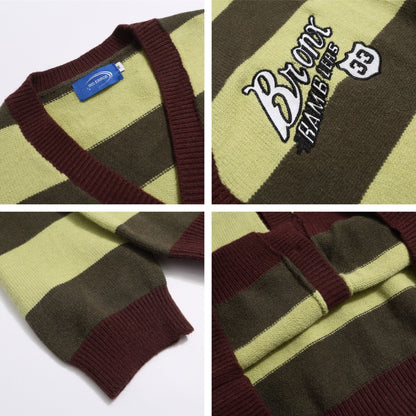Vintage Stripe Letter Embroidery V-Neck Knit Cardigan Unisex Couple Casual Loose Sweater