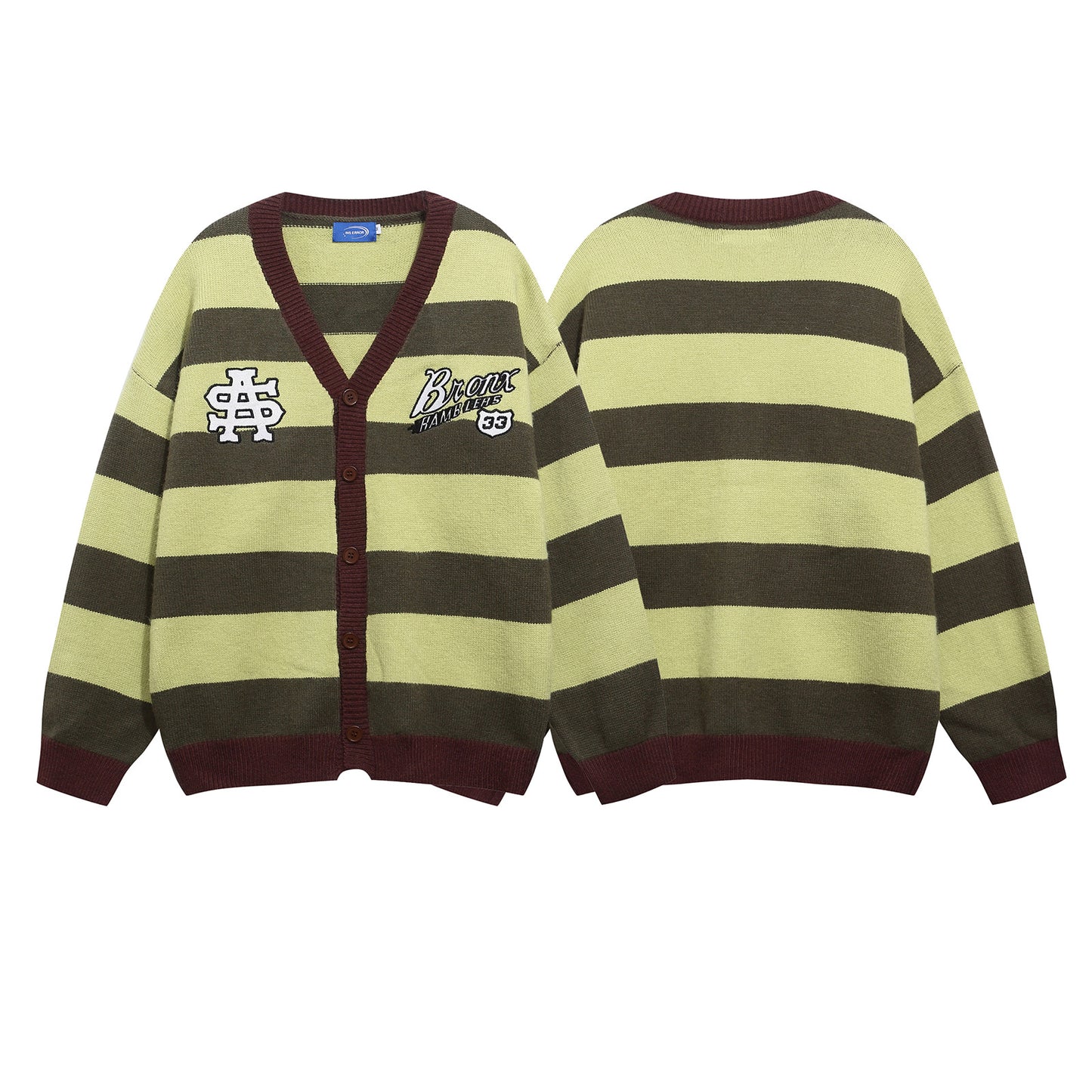 Vintage Stripe Letter Embroidery V-Neck Knit Cardigan Unisex Couple Casual Loose Sweater