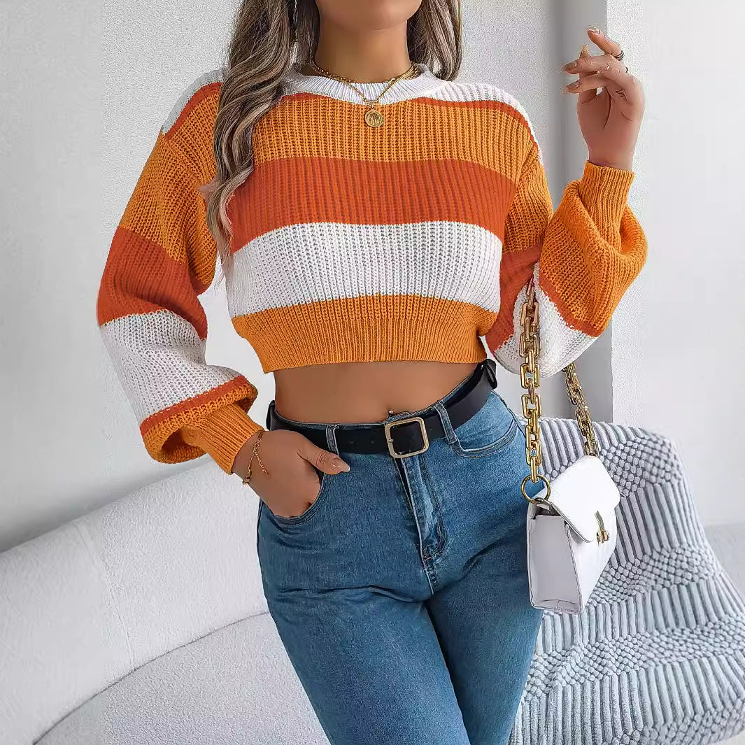 Casual color blocked lantern sleeves with exposed navel sweater