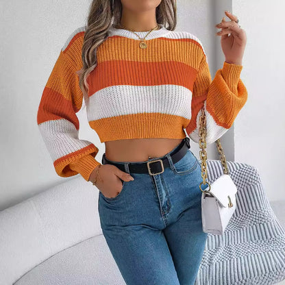 Casual color blocked lantern sleeves with exposed navel sweater