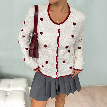 heart jacquard sweater color-blocked elegant high-end open-front knit cardigan for women