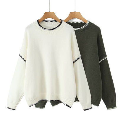 Round neck contrasting color pullover knitted sweater for women