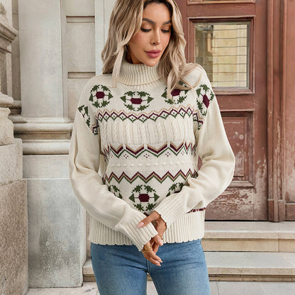 Ethnic Style Pattern High Neck Pullover Sweater Fresh Sweet Countryside Style Sweater for Women
