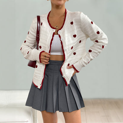 heart jacquard sweater color-blocked elegant high-end open-front knit cardigan for women