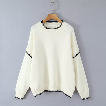 Round neck contrasting color pullover knitted sweater for women