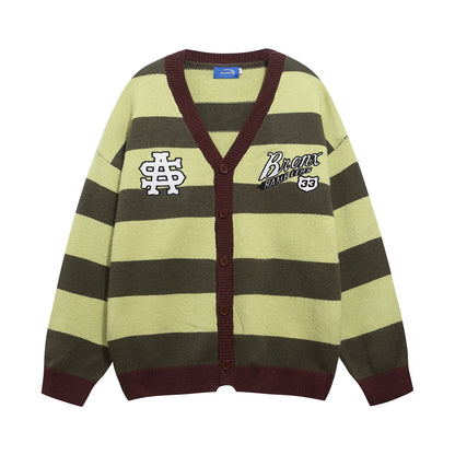 Vintage Stripe Letter Embroidery V-Neck Knit Cardigan Unisex Couple Casual Loose Sweater