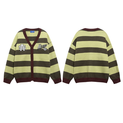 Vintage Stripe Letter Embroidery V-Neck Knit Cardigan Unisex Couple Casual Loose Sweater