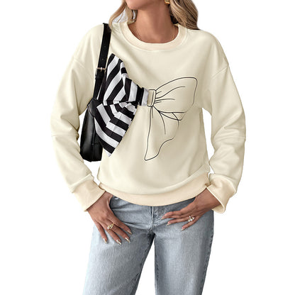 Casual Round Neck Pullover Hoodie with 3D Striped Bow for Women