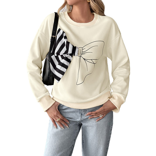 Casual Round Neck Pullover Hoodie with 3D Striped Bow for Women