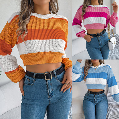 Casual color blocked lantern sleeves with exposed navel sweater