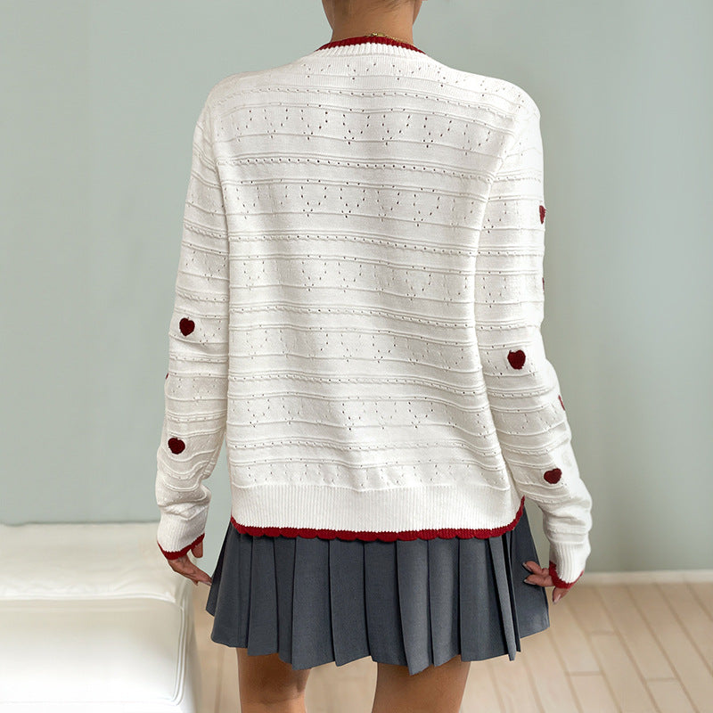 heart jacquard sweater color-blocked elegant high-end open-front knit cardigan for women