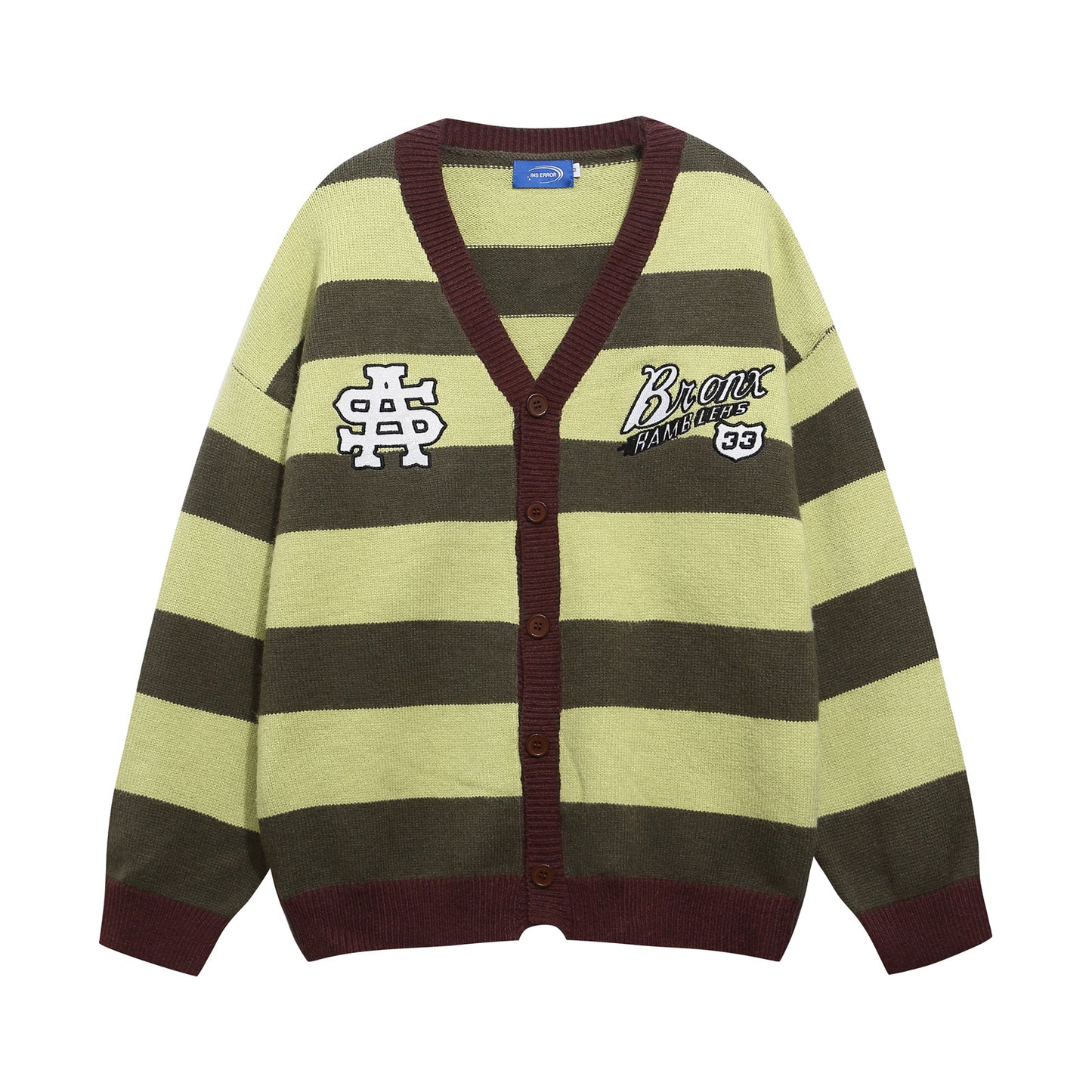 Vintage Stripe Letter Embroidery V-Neck Knit Cardigan Unisex Couple Casual Loose Sweater
