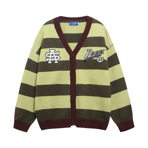 Vintage Stripe Letter Embroidery V-Neck Knit Cardigan Unisex Couple Casual Loose Sweater