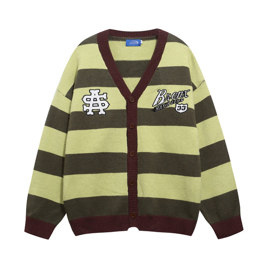 Vintage Stripe Letter Embroidery V-Neck Knit Cardigan Unisex Couple Casual Loose Sweater