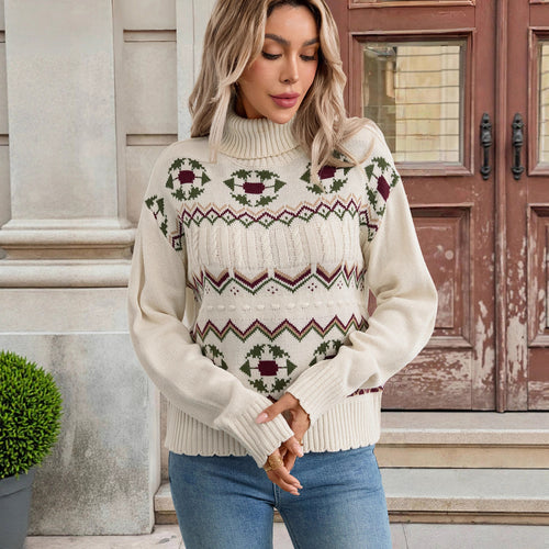 Ethnic Style Pattern High Neck Pullover Sweater Fresh Sweet Countryside Style Sweater for Women