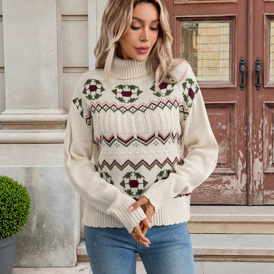 Ethnic Style Pattern High Neck Pullover Sweater Fresh Sweet Countryside Style Sweater for Women