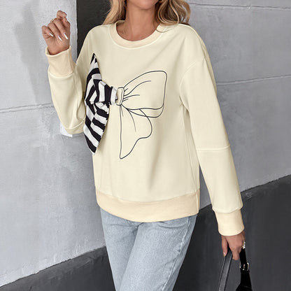 Casual Round Neck Pullover Hoodie with 3D Striped Bow for Women