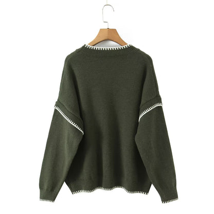 Round neck contrasting color pullover knitted sweater for women