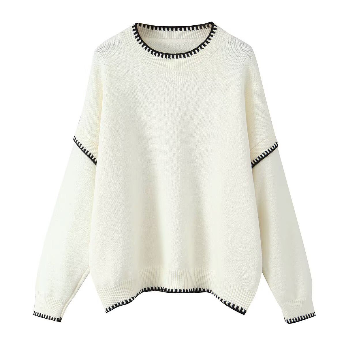 Round neck contrasting color pullover knitted sweater for women