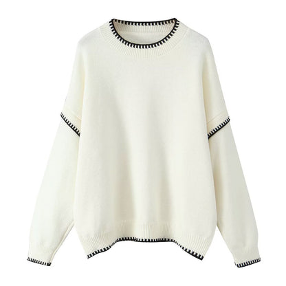 Round neck contrasting color pullover knitted sweater for women
