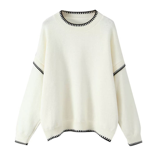 Round neck contrasting color pullover knitted sweater for women