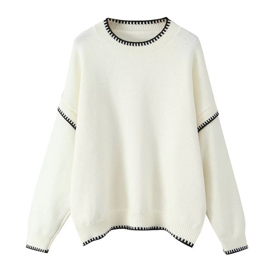 Round neck contrasting color pullover knitted sweater for women